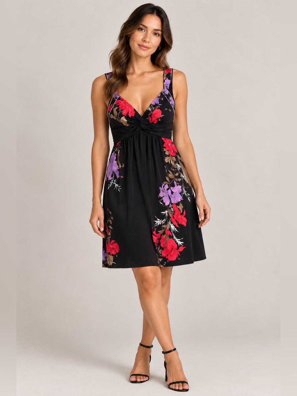 Elie Tahari Black Sleeveless V-Neck Floral Mini Dress M